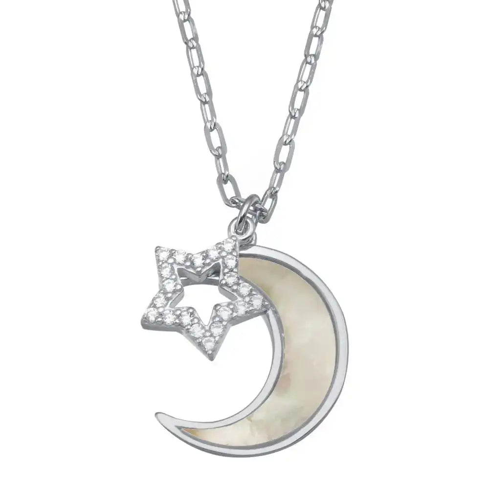 925 Sterling Silver Rhodium Plated CZ Synthetic Mother of Pearl Star and Crescent Moon Necklace