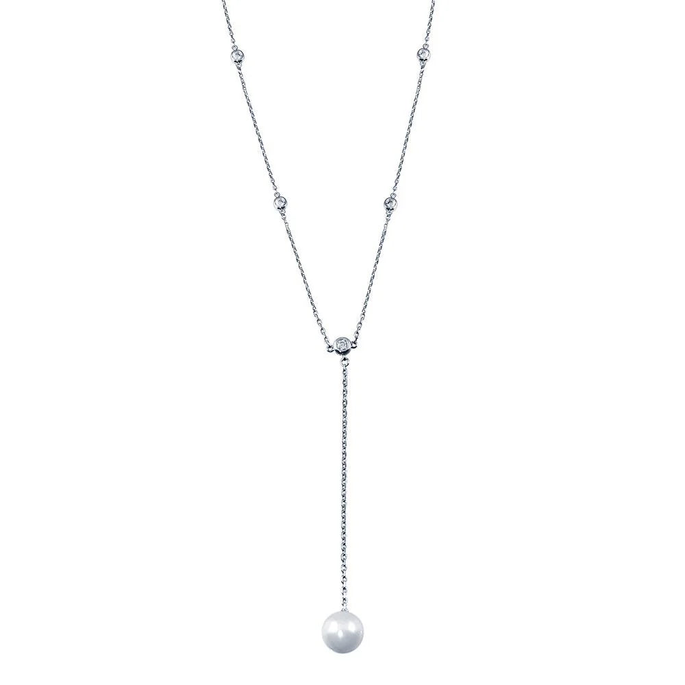 925 Sterling Silver Rhodium Plated CZ By The Yard Necklace with drop Mother of Pearl