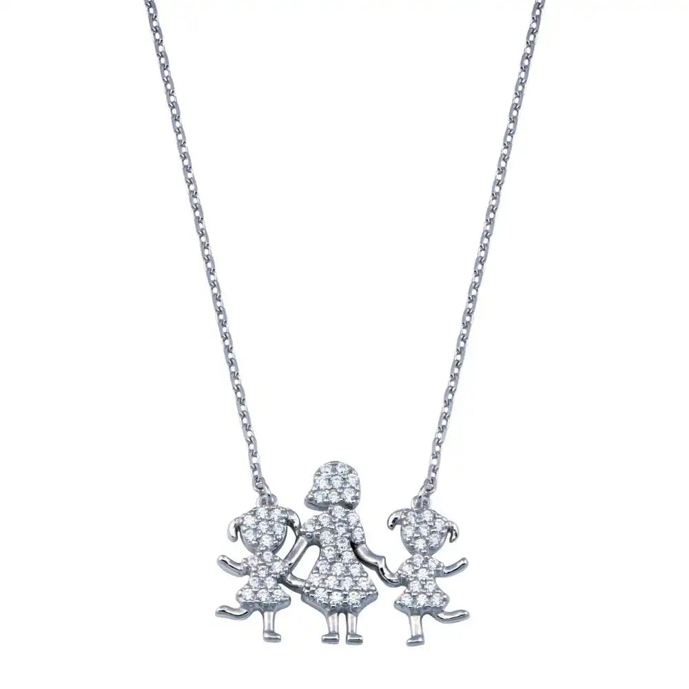 925 Sterling Silver Rhodium Plated CZ Mother and Daughters Clear CZ Necklace