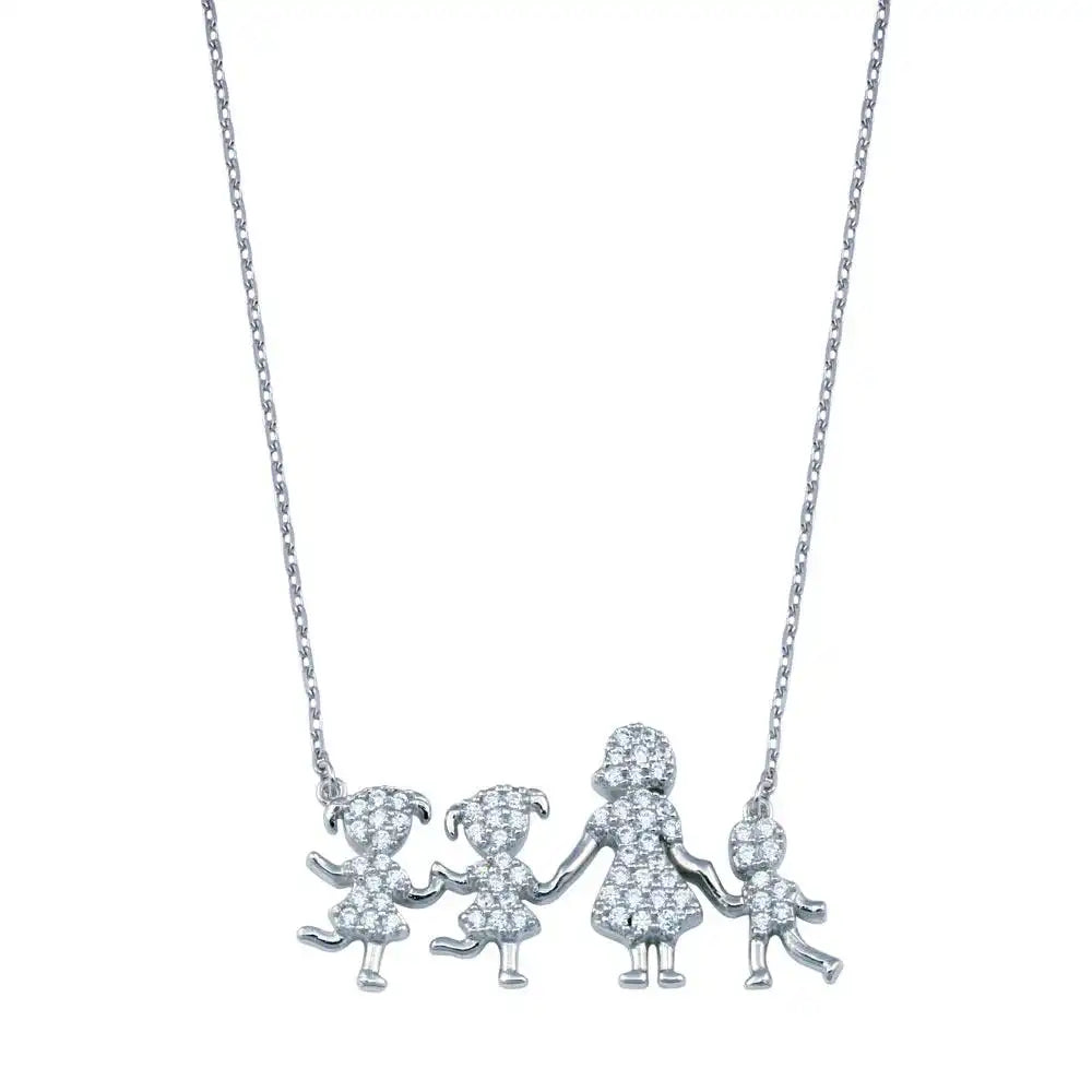 925 Sterling Silver Rhodium Plated CZ Mother Two Daughters and Son Clear CZ Necklace