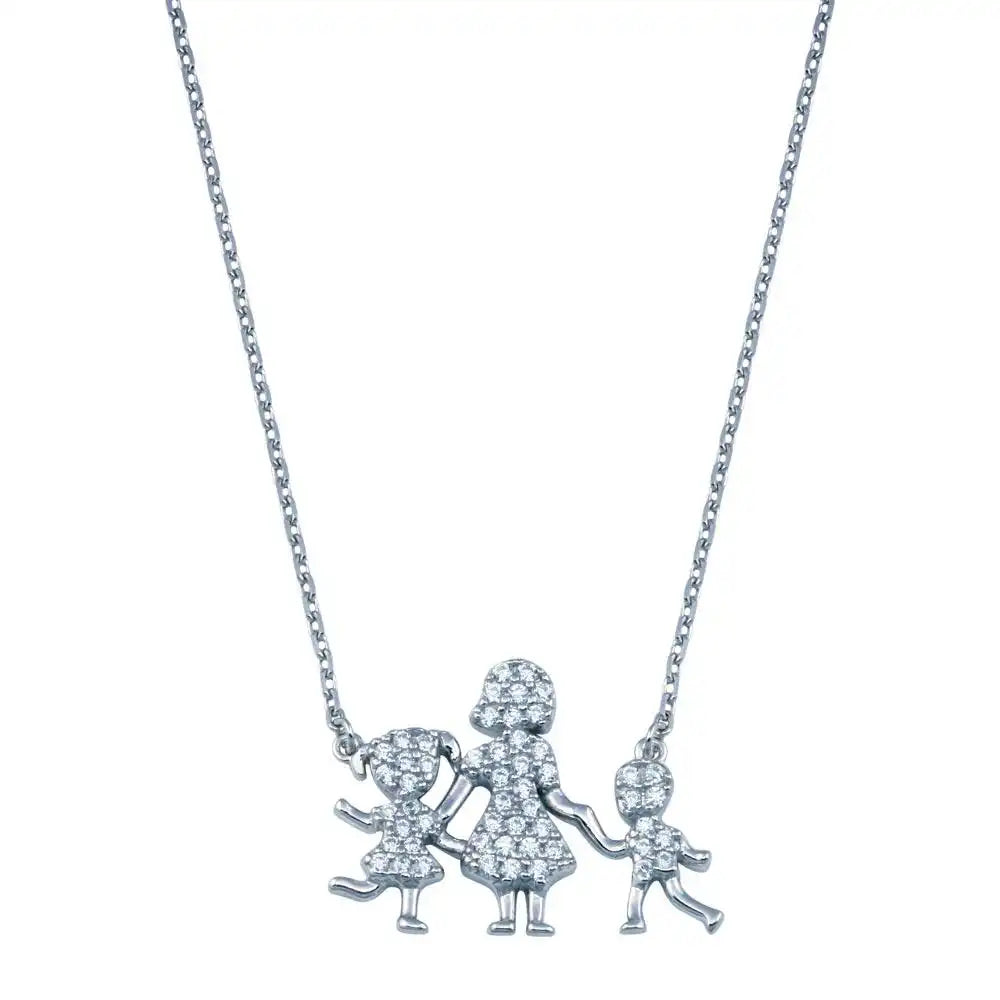 925 Sterling Silver Rhodium Plated CZ Mother Daughter and Son Clear CZ Necklace