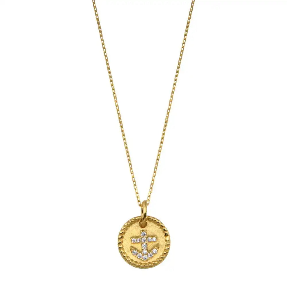 925 Sterling Silver Gold Plated CZ Round Anchor Necklace