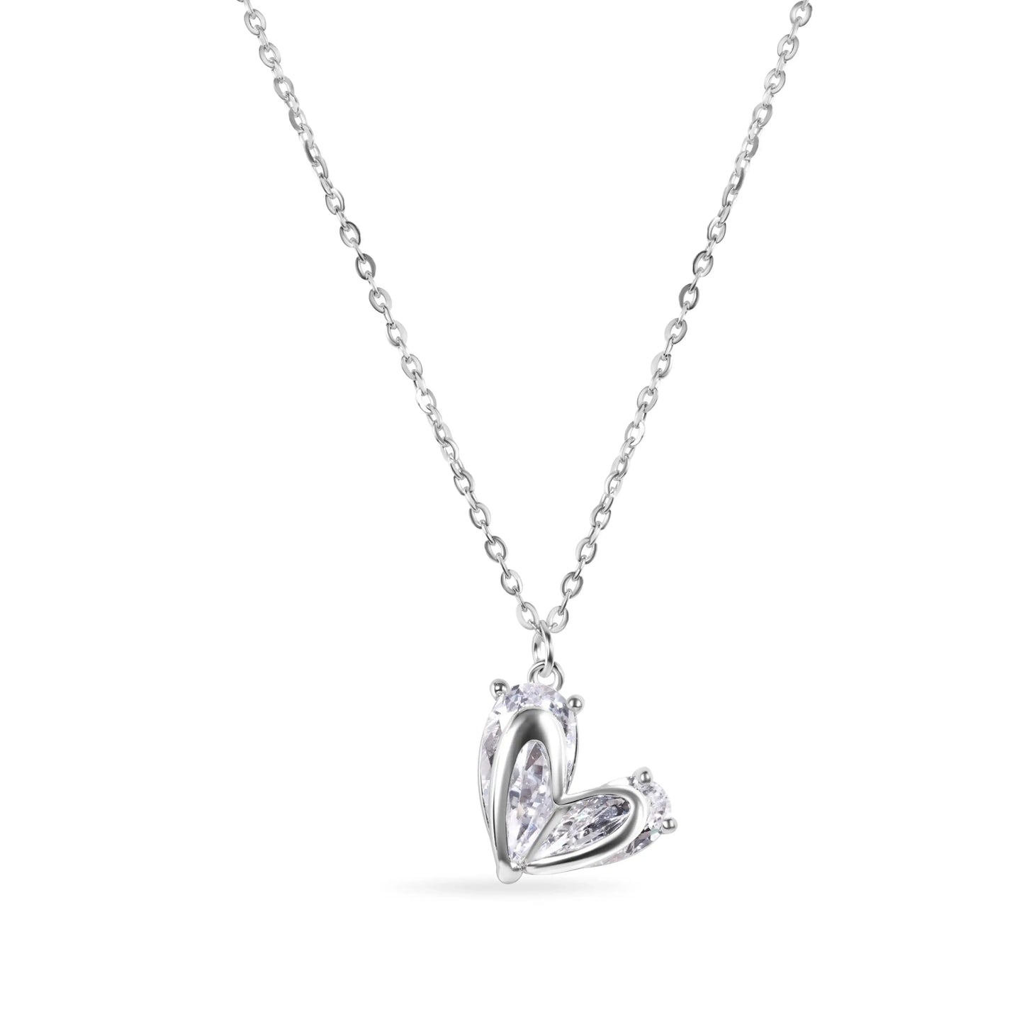 925 Sterling Silver Rhodium Plated Heart Clear CZ Adjustable Necklace