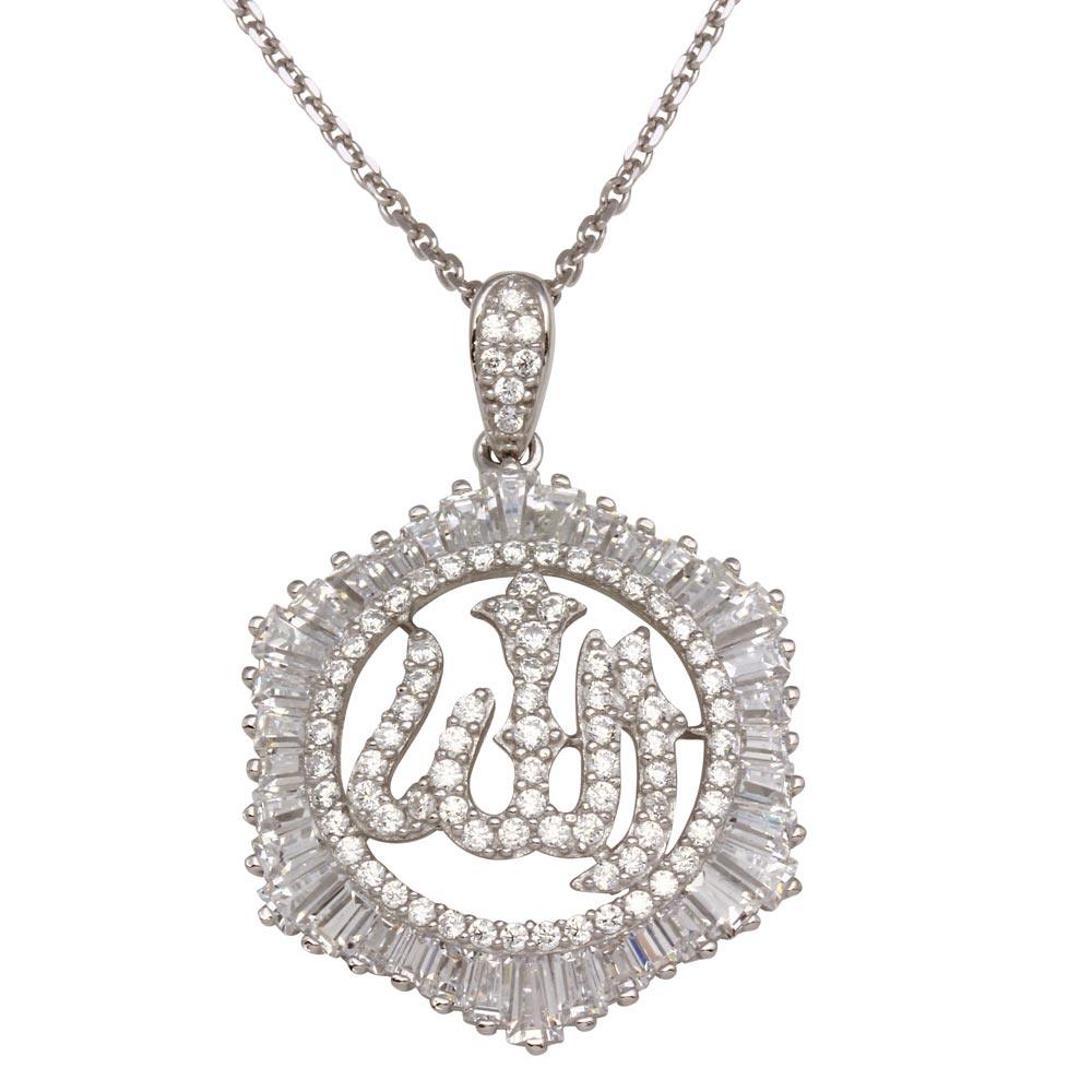 925 Sterling Silver Rhodium Plated Allah Necklace with CZ