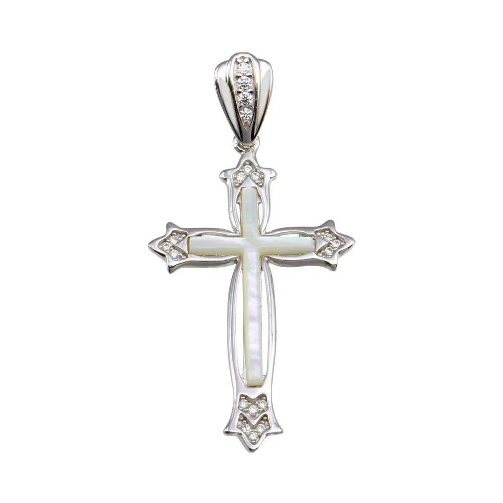 925 Sterling Silver Rhodium Plated Mother of Pearl CZ Fleury Cross Pendant