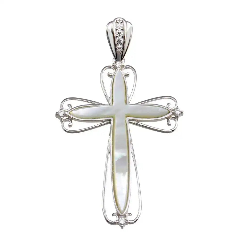 925 Sterling Silver Rhodium Plated Mother of Pearl CZ Cross Pendant