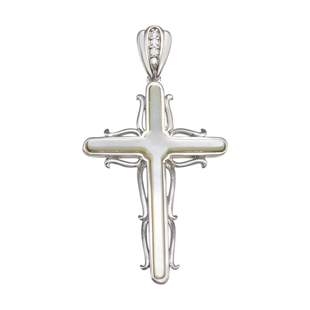 925 Sterling Silver Rhodium Plated Mother of Pearl CZ Cross Wave Side Pendant