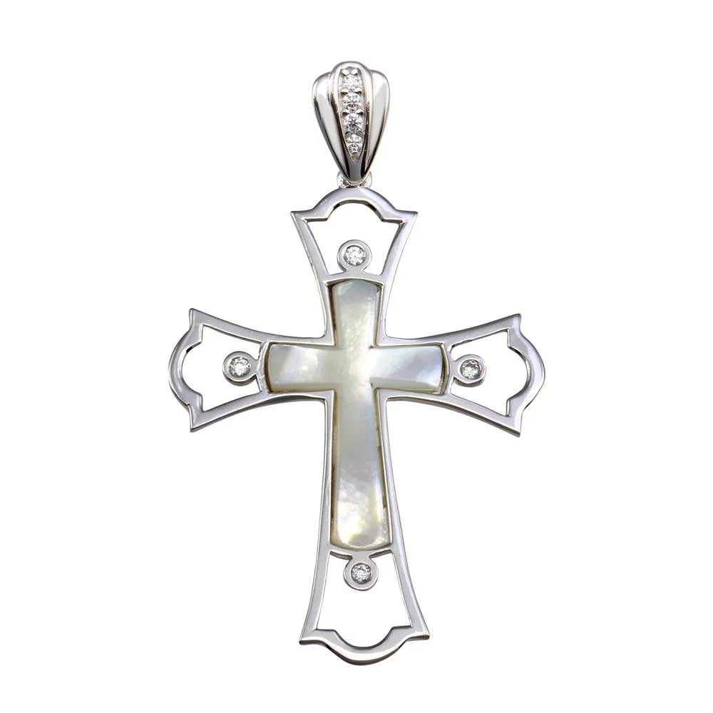 925 Sterling Silver Rhodium Plated Mother of Pearl CZ Cross Pendant