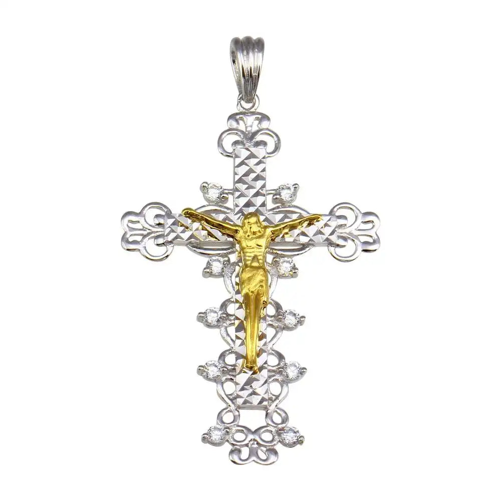 925 Sterling Silver Two-Tone Plated CZ Cross Pendant