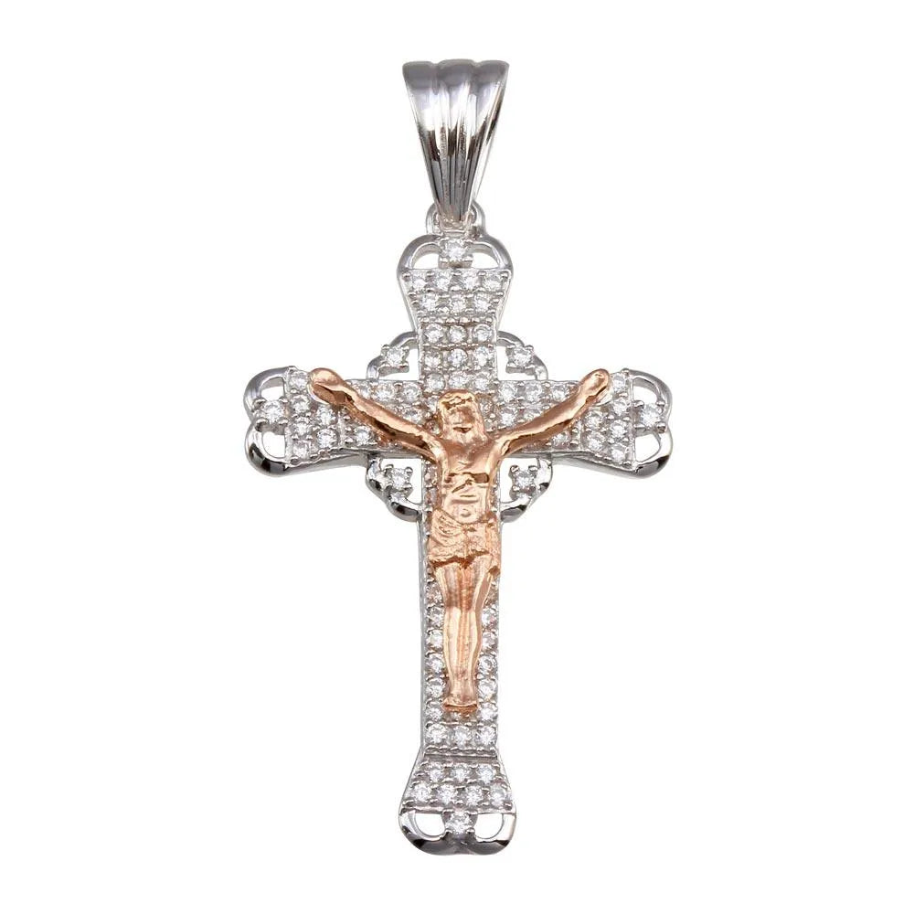 925 Sterling Silver Two-Tone Plated Heart Center CZ Cross Pendant