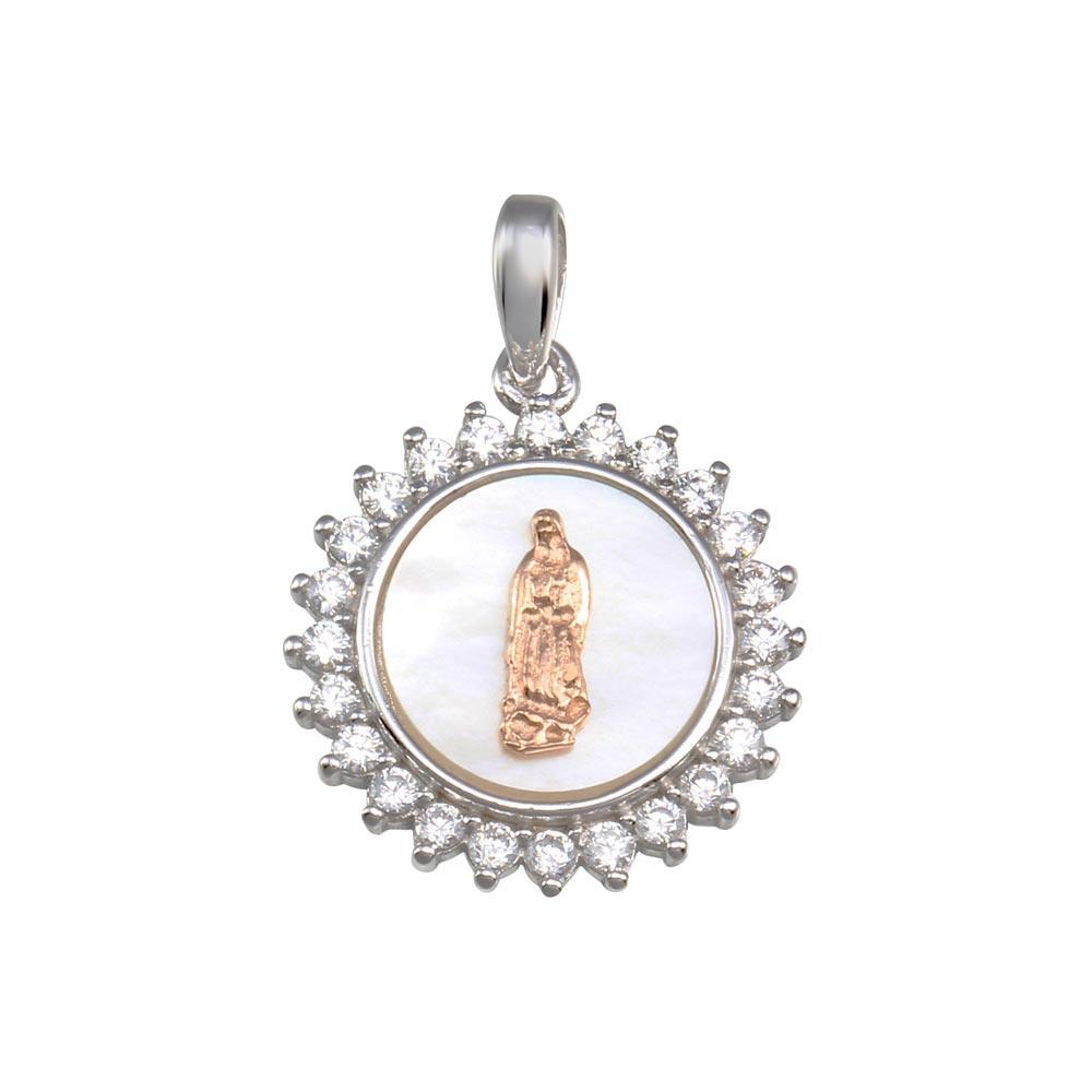 925 Sterling Silver Two-Toned Synthetic MOP Virgin Mary Medallion Pendant