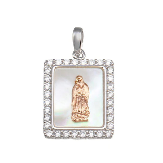 925 Sterling Silver Two-Toned Synthetic Mother of Pearl Virgin Mary Rectangle Medallion Pendant