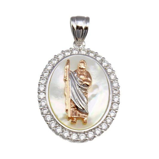 925 Sterling Silver Two-Toned Synthetic Mother of Pearl St. Jude Oval Medallion Pendant