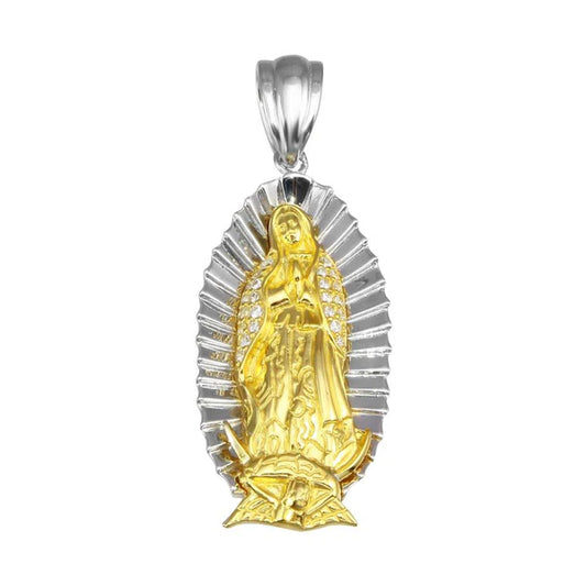 925 Sterling Silver Two-Tone Plated Lady of Guadalupe CZ Pendant 44mm