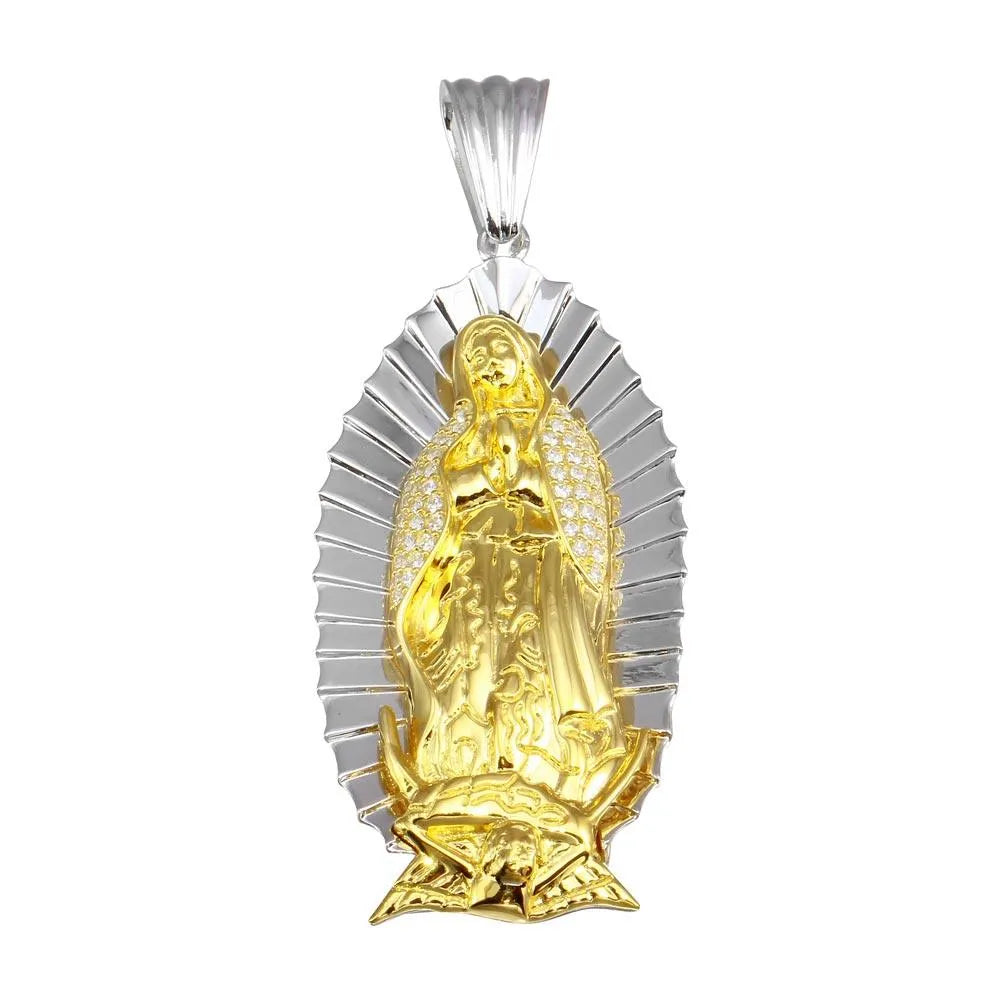 925 Sterling Silver Two-Tone Plated Lady of Guadalupe CZ Pendant 63mm