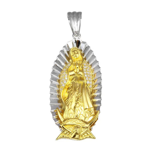 925 Sterling Silver Two-Tone Lady of Guadalupe CZ Pendant 52mm