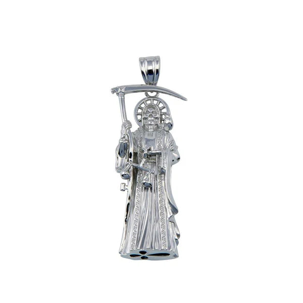 925 Sterling Silver Rhodium Plated Hollow Santa Muerte Pendant 40mm