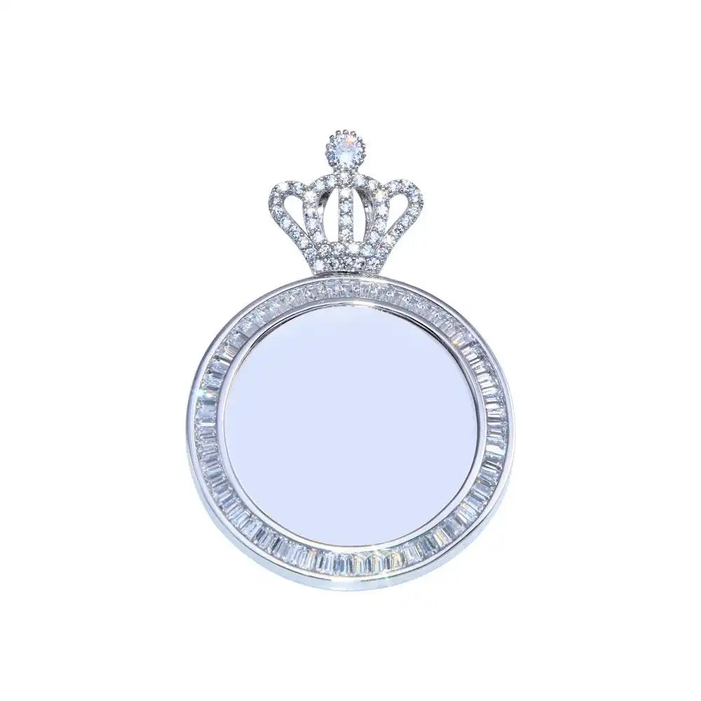 925 Sterling Silver Rhodium Plated CZ Crown Mirror Pendant