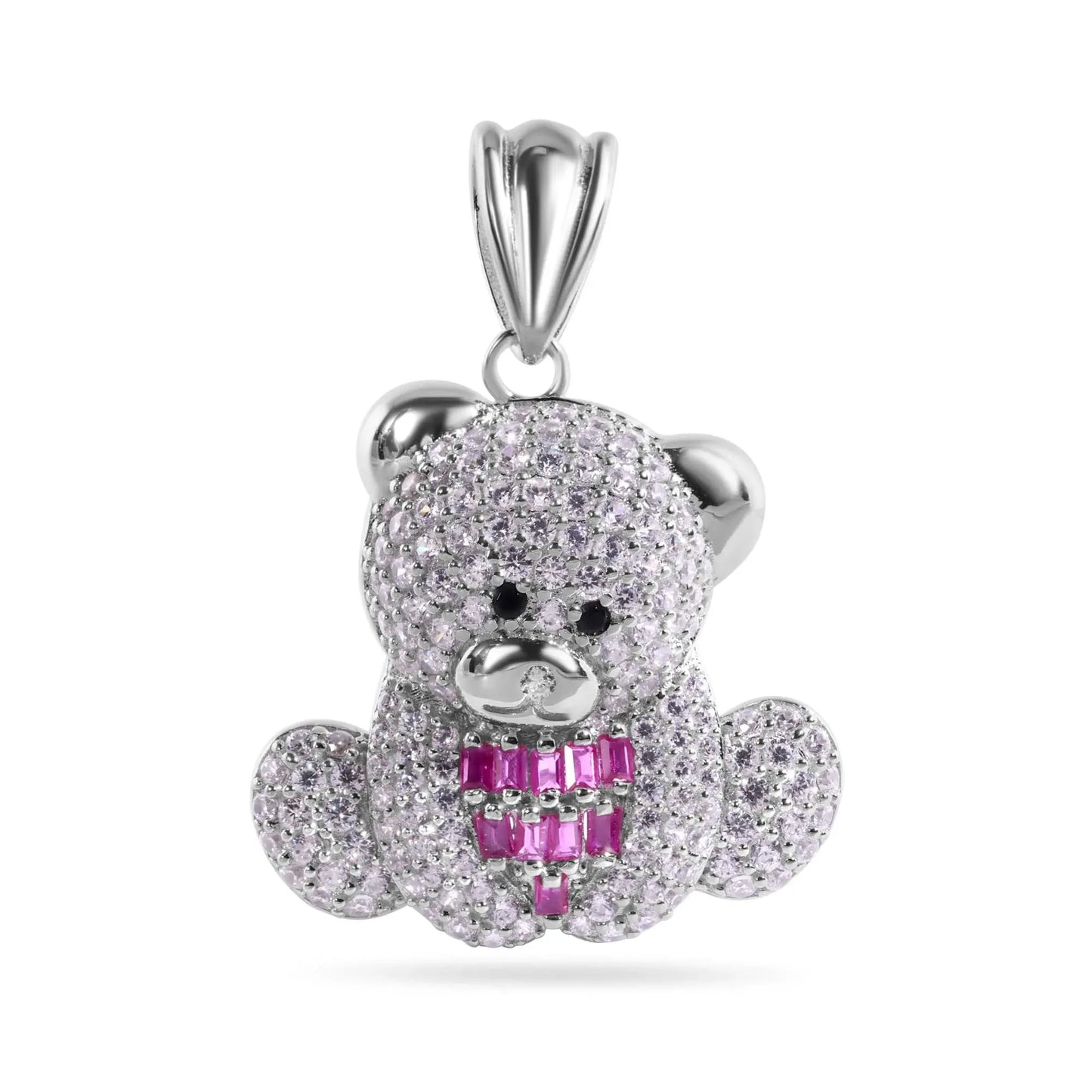 925 Sterling Silver Rhodium Plated Teddy Bear Red Baguette and Clear CZ Pendant