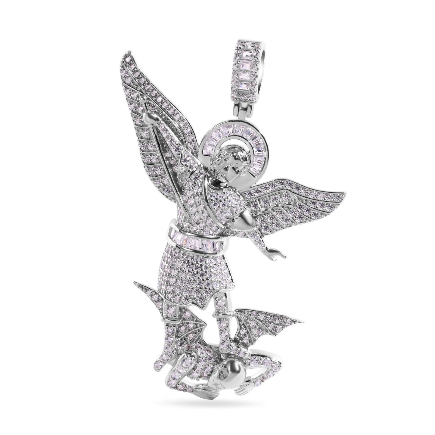 925 Sterling Silver Rhodium Plated Saint Michael Baguette Halo Clear CZ Large Pendant