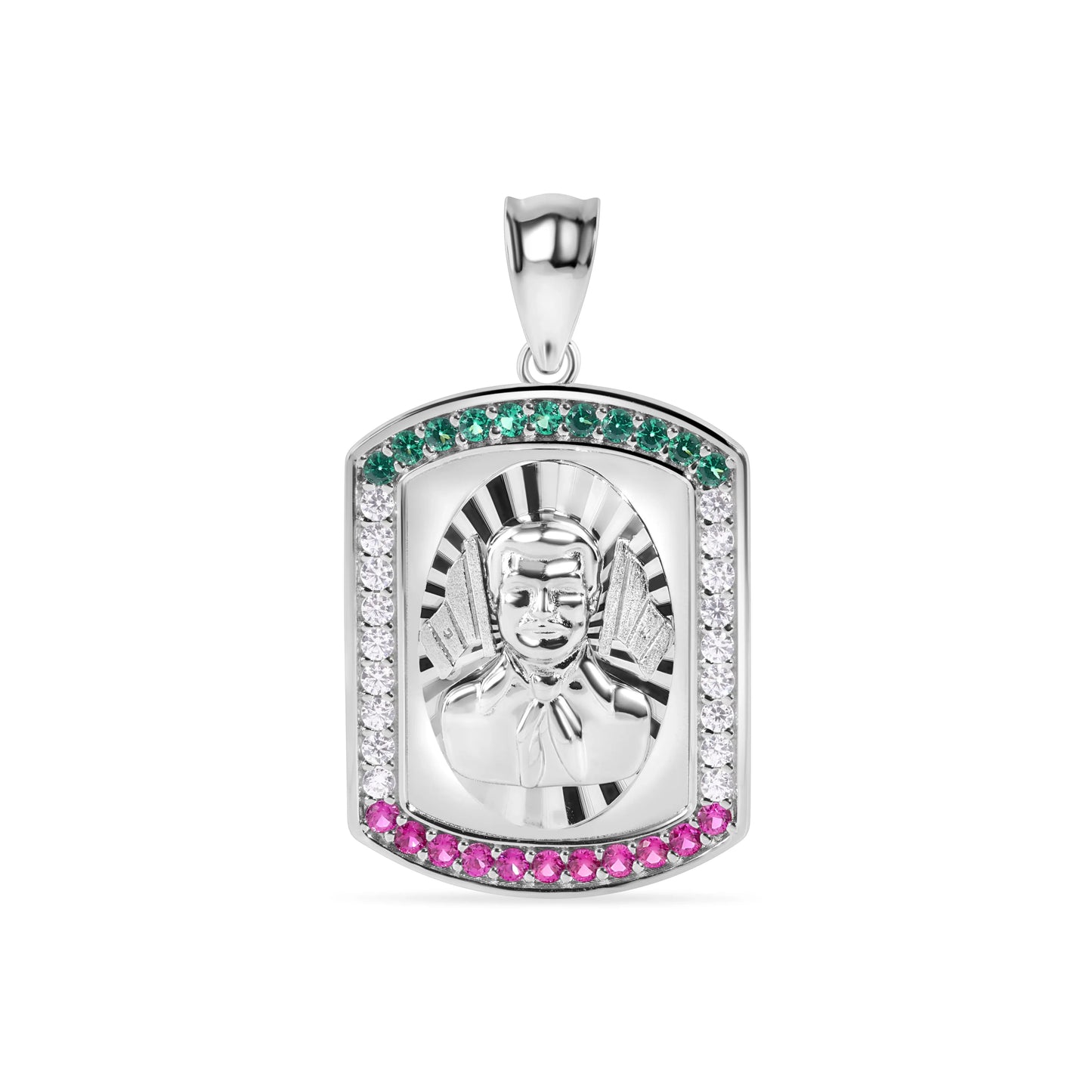 925 Sterling Silver Rhodium Plated 27.5mm Malverde Diamond Cut Green Red and Clear Pendant