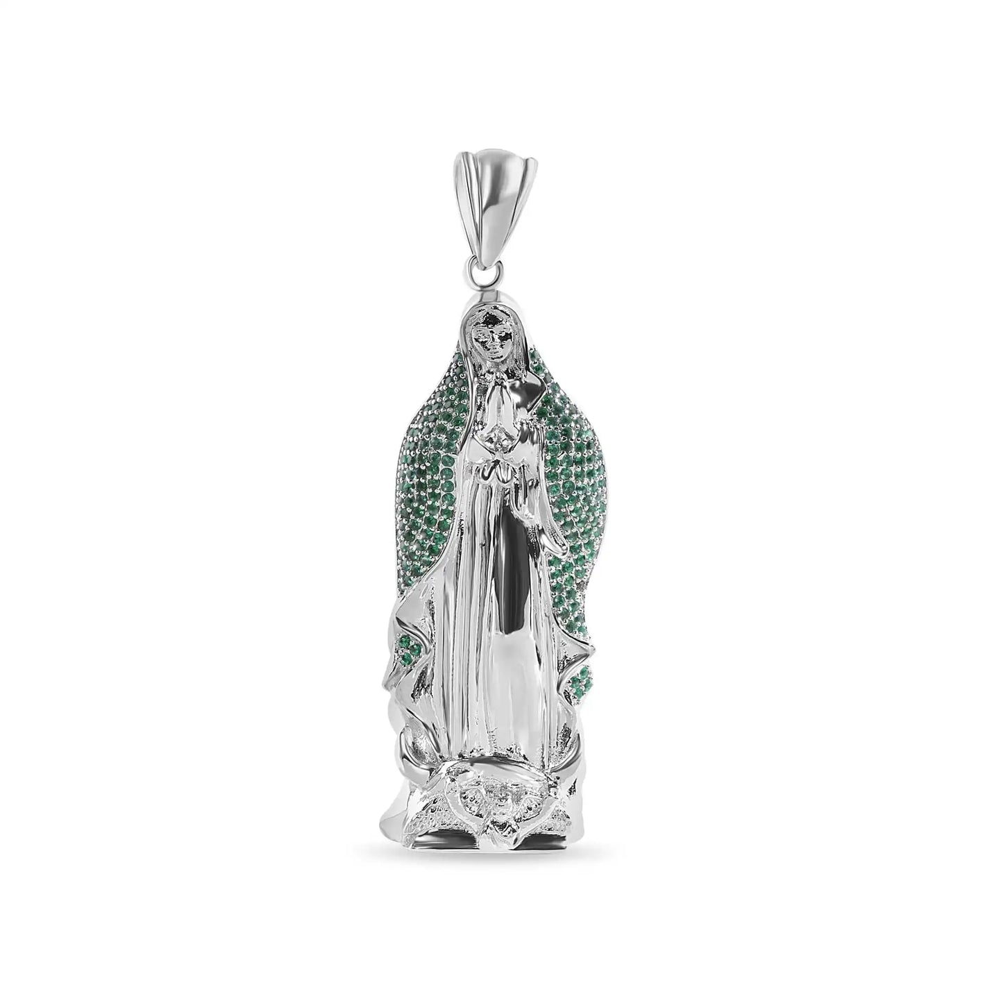 925 Sterling Silver Rhodium Plated Virgin Mary 3D Green CZ Small Pendant