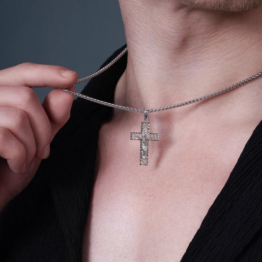 Rhodium Plated 925 Sterling Silver Diamond Cut Hollow Intersecting Pattern Cross 30.7mm x 20.5mm Pendant