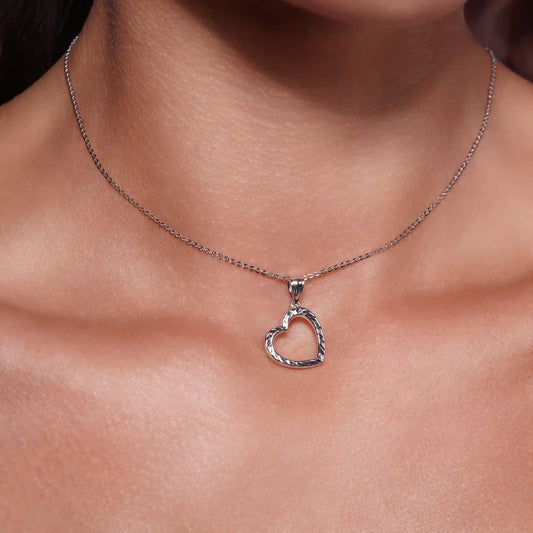 925 Sterling Silver Rhodium Plated Textured Heart Outline Pendant