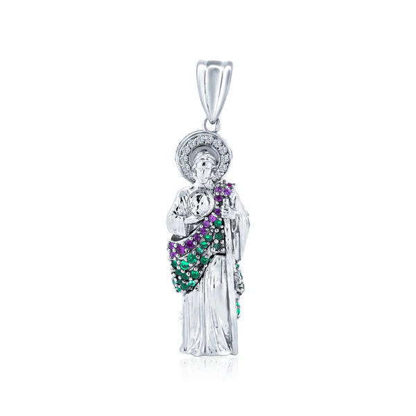 925 Sterling Silver Rhodium Plated 3 Dimensional Red and Green CZ St Jude Pendant 32mm