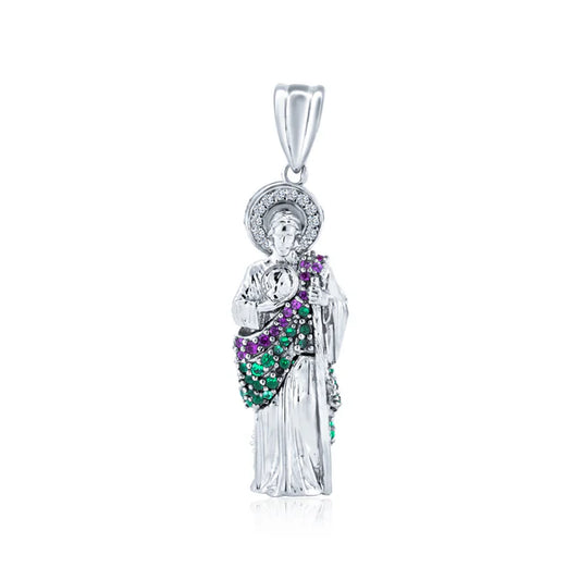 925 Sterling Silver Rhodium Plated 3 Dimensional Red and Green CZ St Jude Pendant 32mm