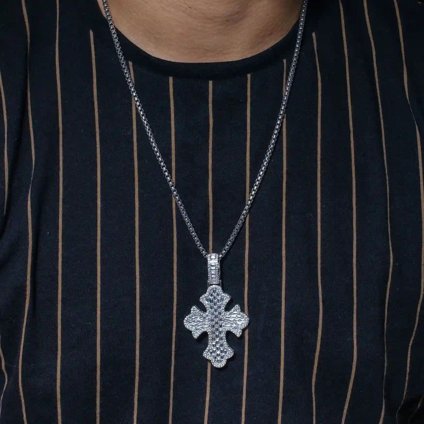 925 Sterling Silver Rhodium Plated 52.6mm Fleur De Lis Cross Baguette Cut Clear CZ Pendant