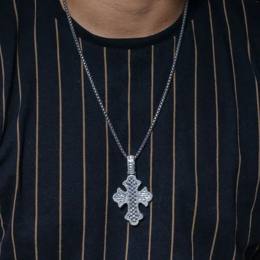 925 Sterling Silver Rhodium Plated 52.6mm Fleur De Lis Cross Baguette Cut Clear CZ Pendant