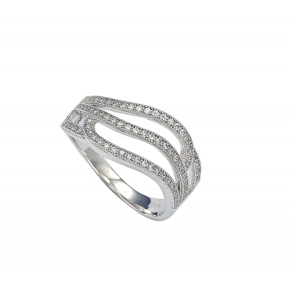 925 Silver Rhodium Plated Micro Pave Set Clear CZ Wave Ring