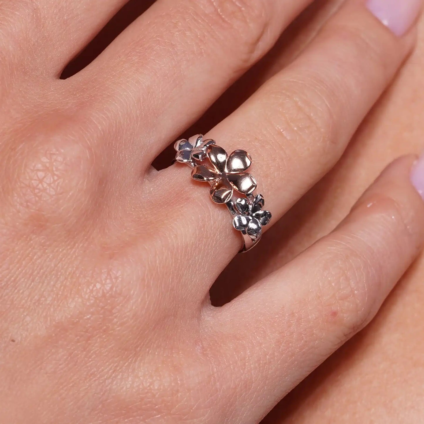 925 Sterling Silver Rose Gold & Rhodium Plated Multi Flower Ring