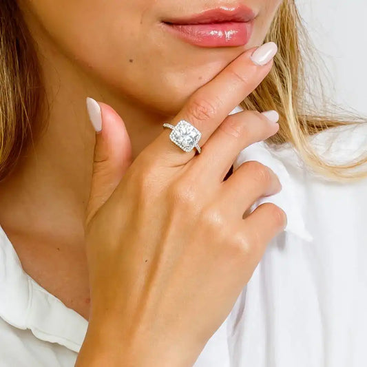 925 Sterling Silver Rhodium Plated Square Halo Ring with Round CZ Center Stone