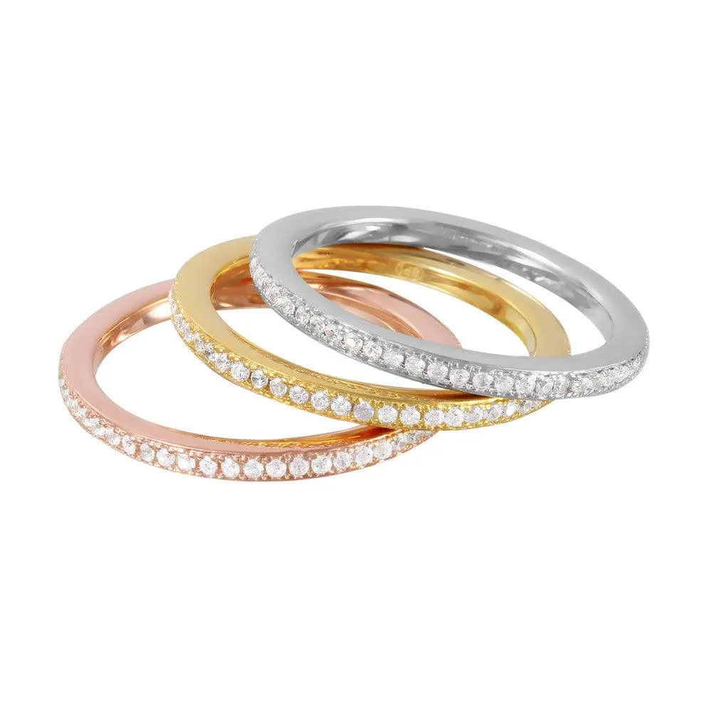 925 Sterling Silver Rhodium Plated Tri-Color Stackable CZ Inlay Ring