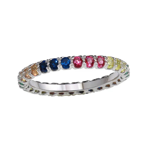 925 Sterling Silver Rhodium Plated Multi-Colored Round CZ Stone Rings