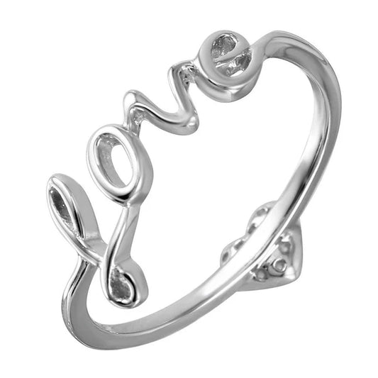 925 Sterling Silver Rhodium Plated LOVE With Heart CZ Ring