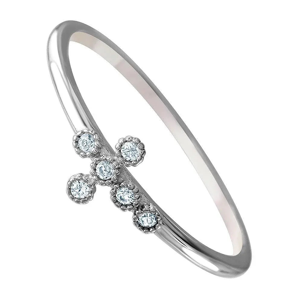 925 Sterling Silver Rhodium Plated Round Band with CZ Cross Ring
