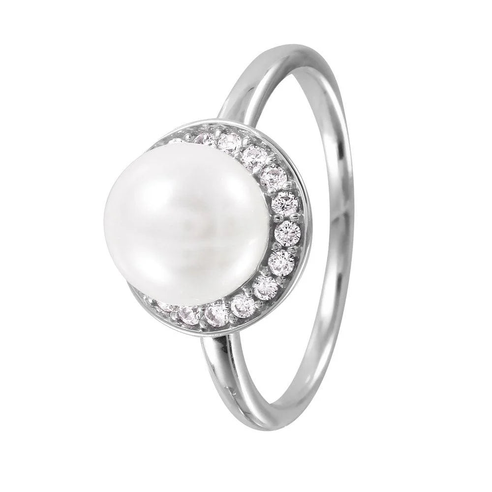 925 Silver Rhodium Plated Round Band with Synthetic Pearl CZ Halo Ring