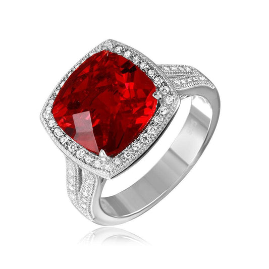 925 Sterling Silver Rhodium Plated Square Halo Red CZ Ring with Micro Pave Ston