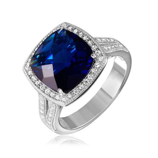 925 Sterling Silver Rhodium Plated  Square Halo Blue CZ Ring with Micro Pave Stones