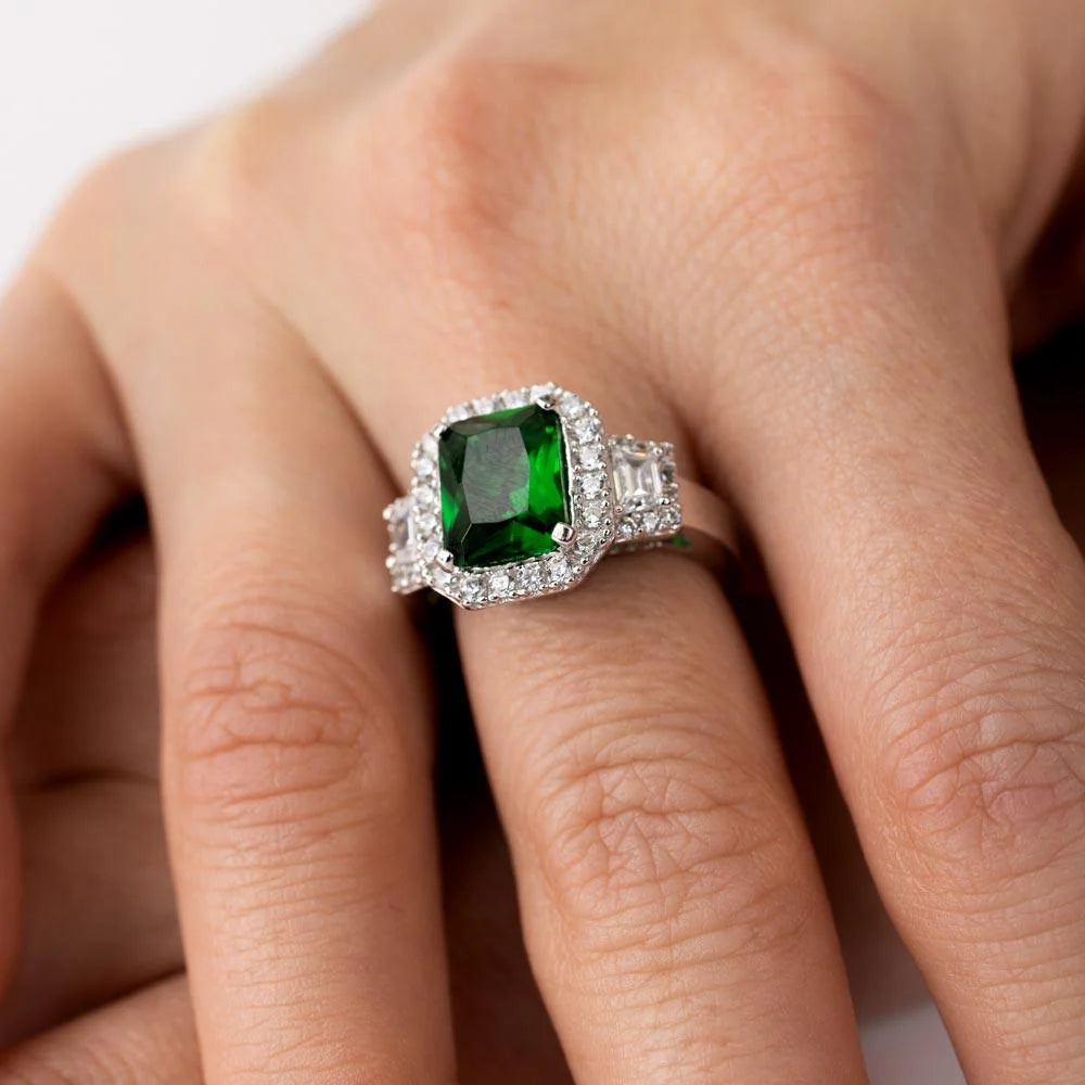 925 Sterling Silver Rhodium Plated Green Emerald Cut Center CZ Stone Ring