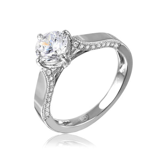 925 Sterling Silver Rhodium Plated CZ Center Stone Ring