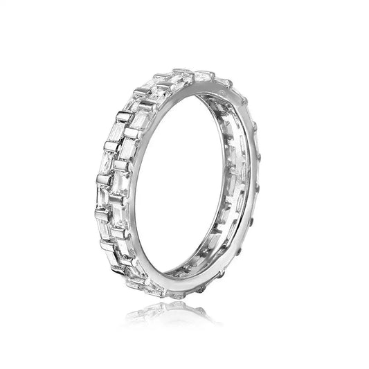 925 Sterling Silver Rhodium Plated Baguette CZ Double Band
