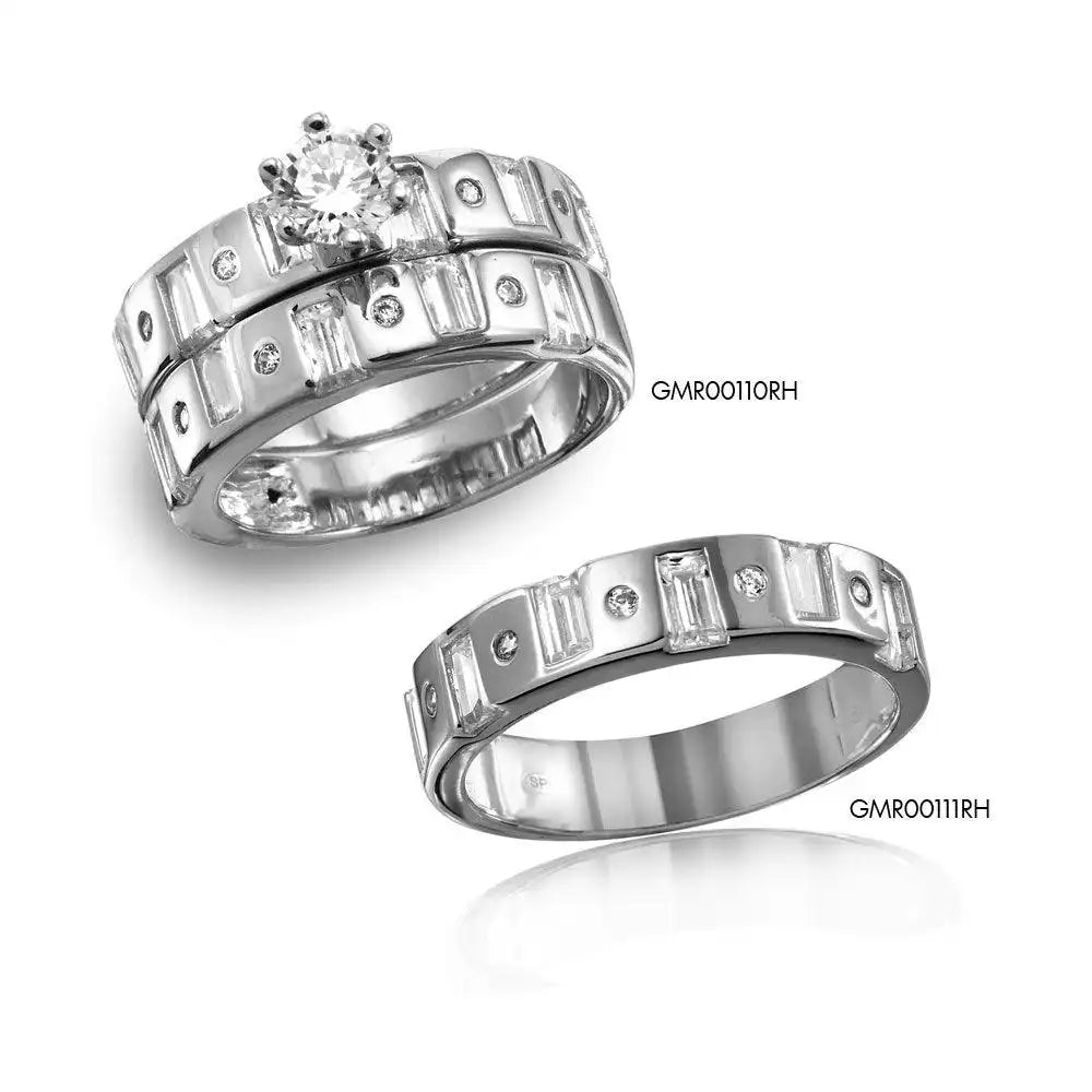 925 Sterling Silver Rhodium Plated Baguette CZ Band Engagement Ring