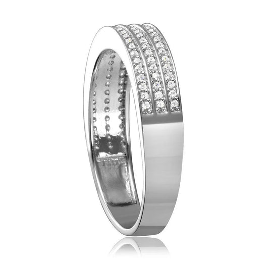 925 Sterling Silver Rhodium Plated Mens Muiti Row Clear CZ Band
