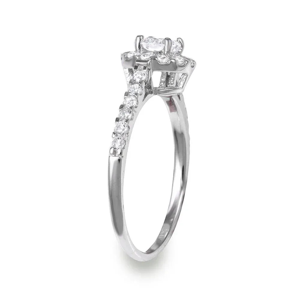 925 Sterling Silver Rhodium Plated Halo CZ Ring