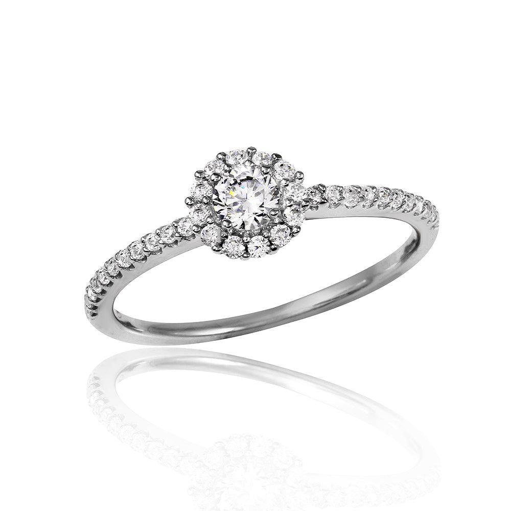 925 Sterling Silver Rhodium Plated Moissanite or CZ Small Size Halo Ring
