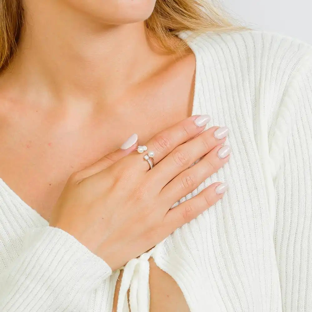 925 Sterling Silver Rhodium Plated 2 Row CZ and Synthetic Pearl Ring